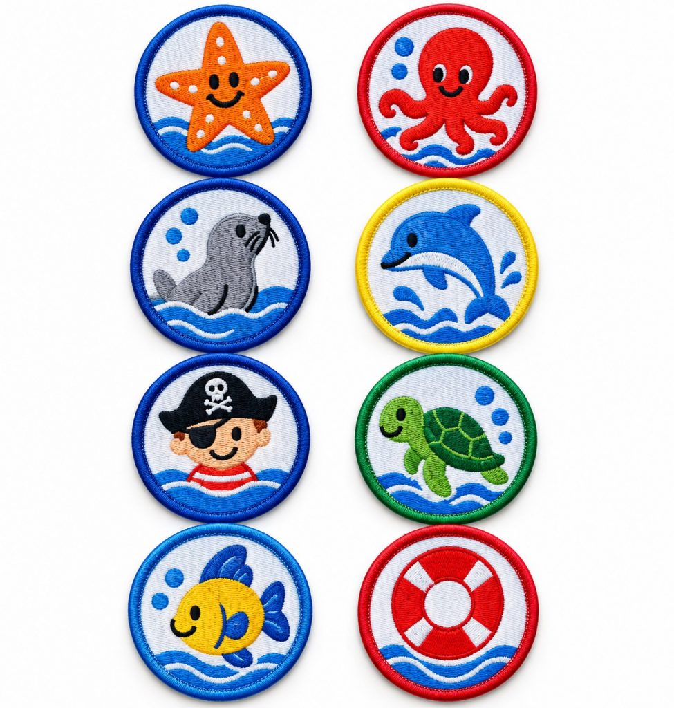 Bestickte Schwimmabzeichen mit eigenem Motiv: Seestern, Krake, Robbe, Delfin, Pirat, Schildkroete, Fisch, Rettungsring
