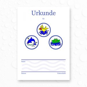 Schwimmurkunde mit Ente, Delfin und Frosch